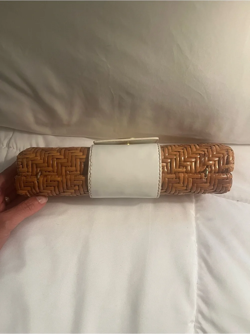 Tory Burch Tan Woven Straw Clutch with White Leather Logo Strap